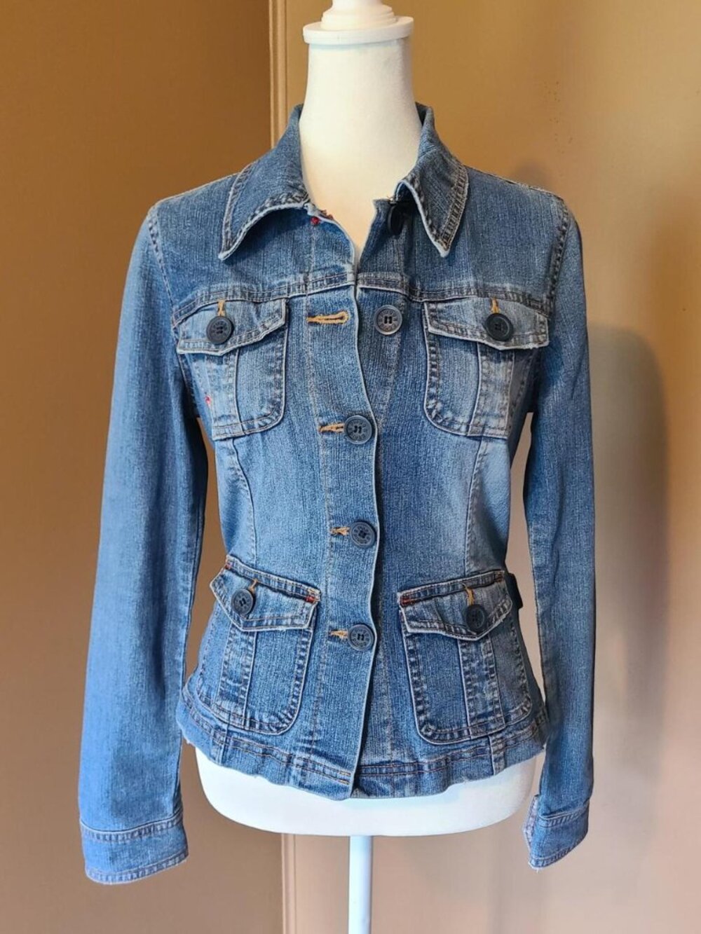Vintage Plugg Denim Trucker Jacket Womens Small Blue 90s Fitted